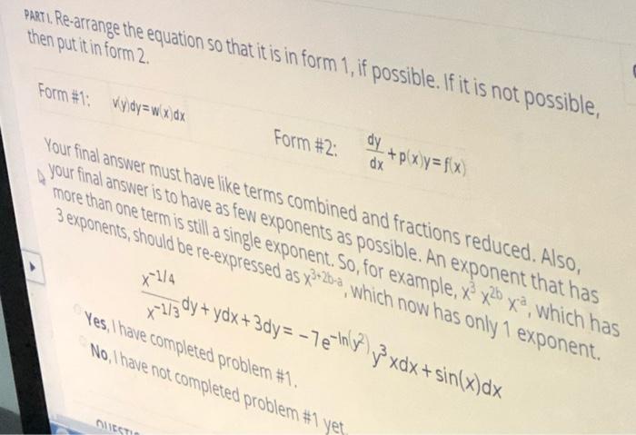 Solved PARTI. Re-arrange the equation so that it is in form | Chegg.com