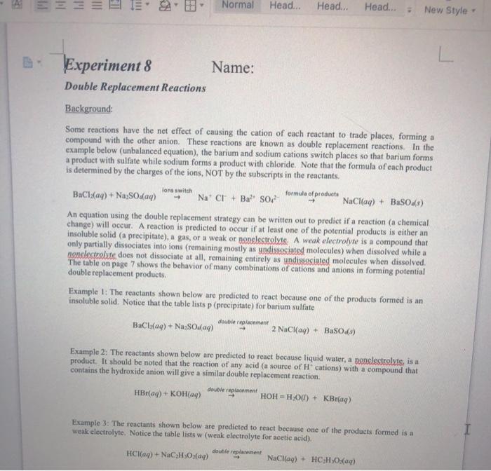Solved Experiment 8 Name: Double Replacement Reactions | Chegg.com