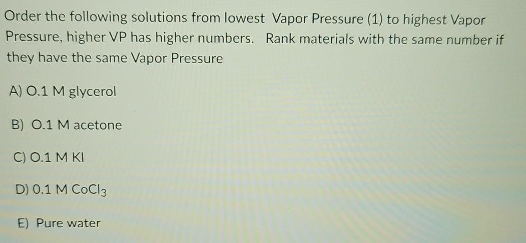 Solved Order the following solutions from lowest Vapor | Chegg.com