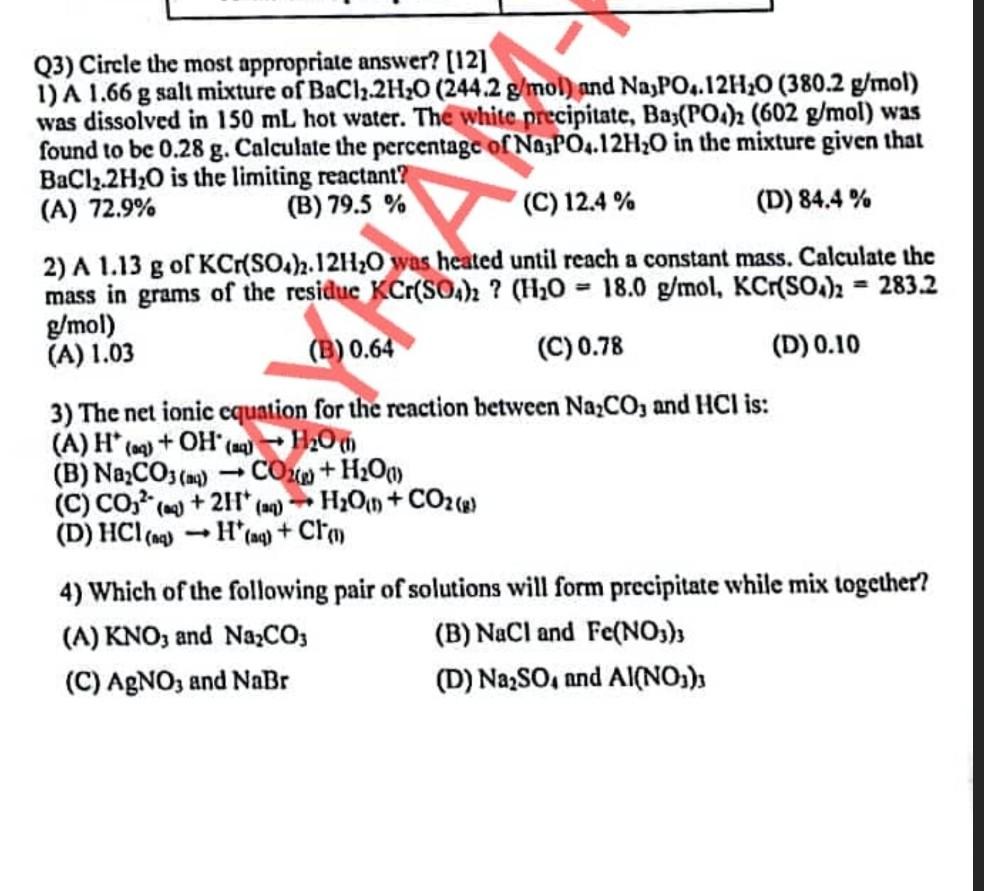 Solved Q3) Circle the most appropriate answer? [12] 1) A | Chegg.com