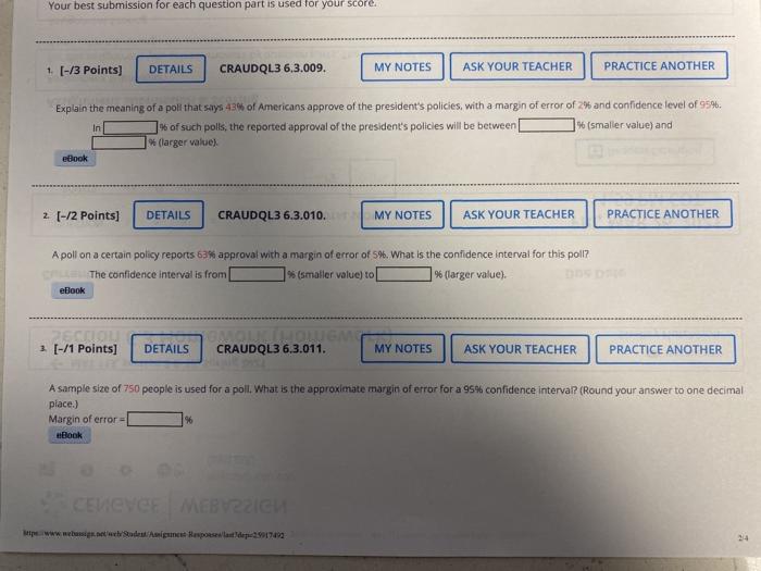 Solved Your best submission for each question part is used | Chegg.com