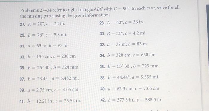 Solved Problems 27-34 refer to right triangle ABC with C = | Chegg.com