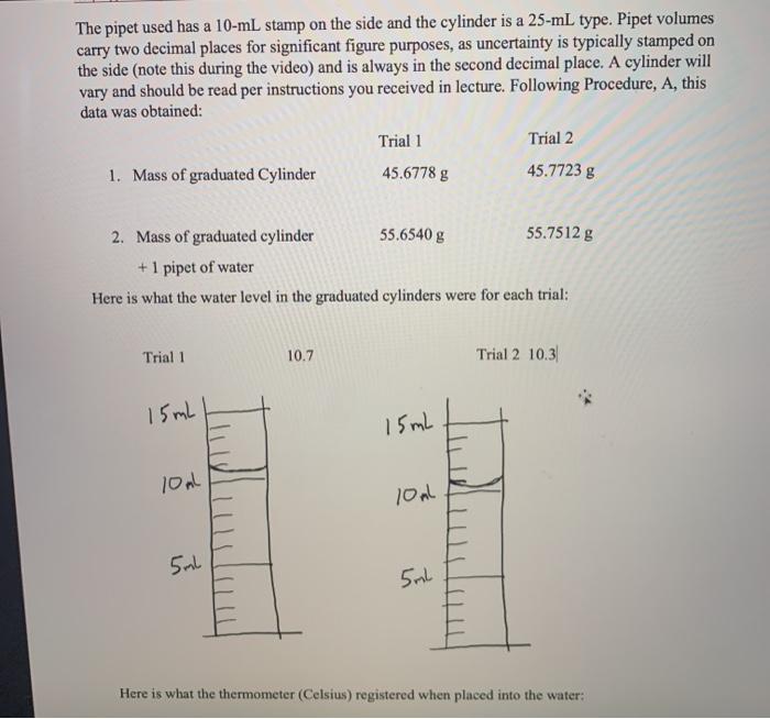 Solved The pipet used has a 10mL stamp on the side and the
