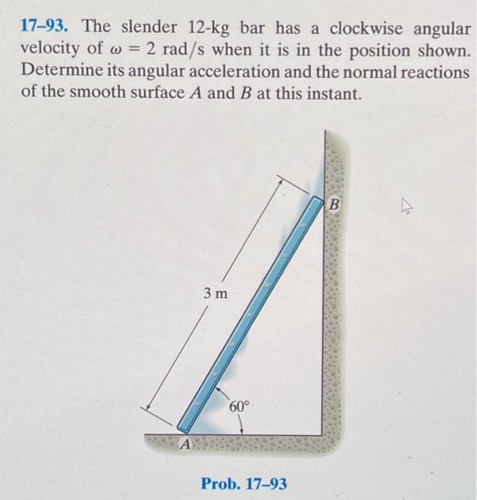 Solved 17-93. The slender 12−kg bar has a clockwise angular | Chegg.com