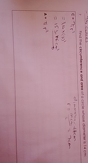 find the area and circumference of circle whose diameter is 14