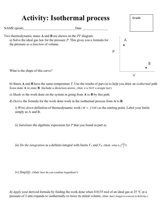 Solved Grade Activity: Isothermal process NAME (print) Date | Chegg.com