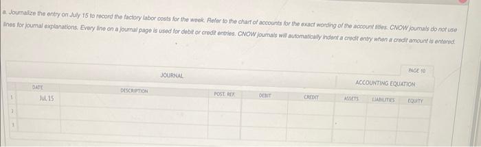 a. Joumalize the entry on July 15 to record the faclory labor costs for the week. Refer to the chart of accounts for the exac