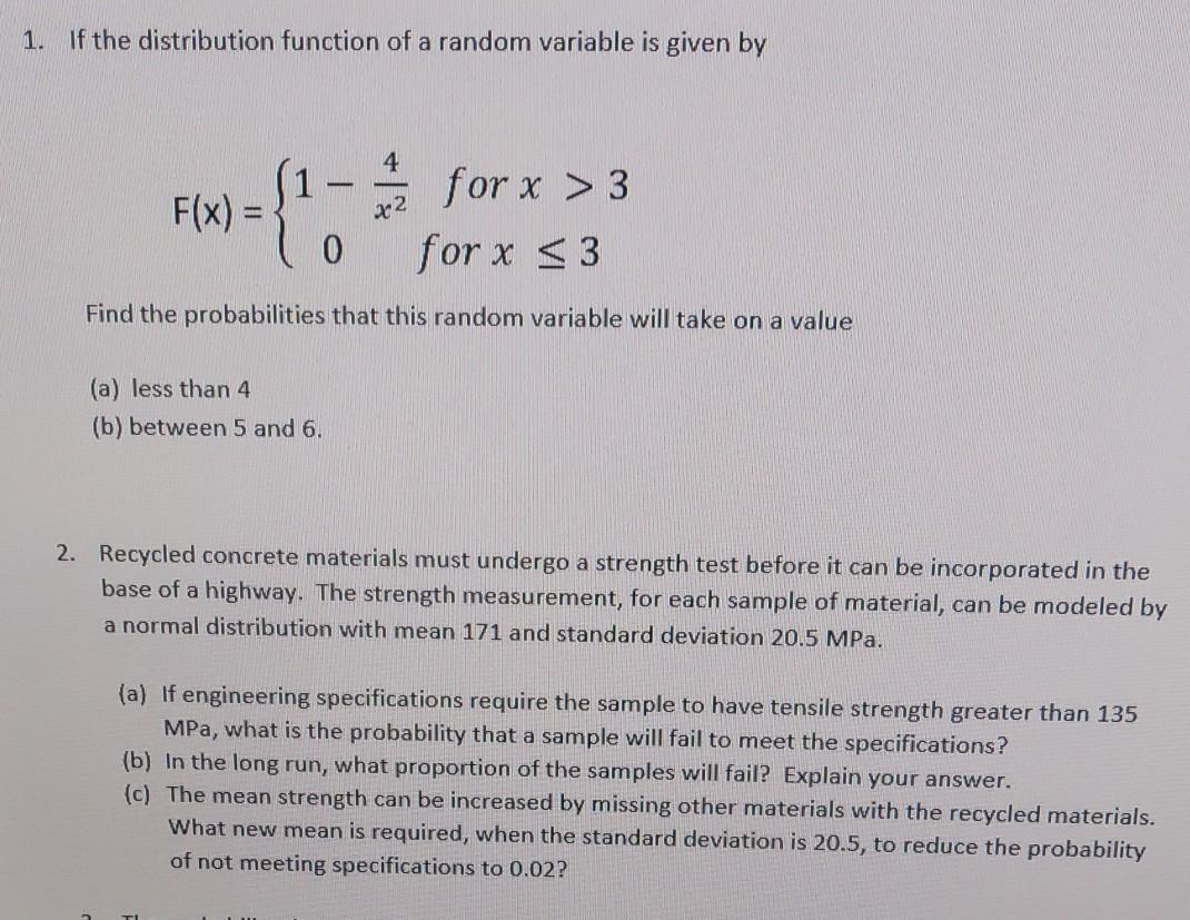 Solved 1. If the distribution function of a random variable | Chegg.com