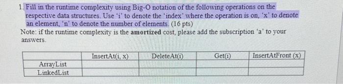 Solved 1. Fill in the runtime complexity using Big-O | Chegg.com