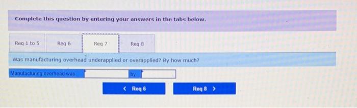 Complete this question by entering your answers in the tabs below.
Was manufacturing overhead underapplied or overapplied? By