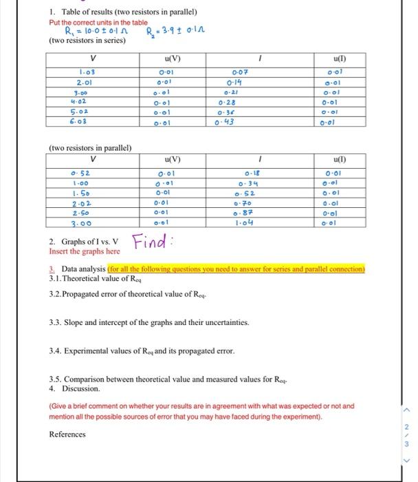 Solved 1. Table Of Results (two Resistors In Parallel) Put | Chegg.com