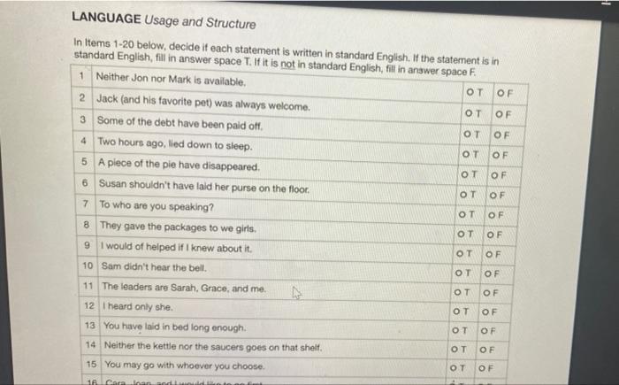 Solved LANGUAGE Usage and Structure In Items 1-20 below, | Chegg.com