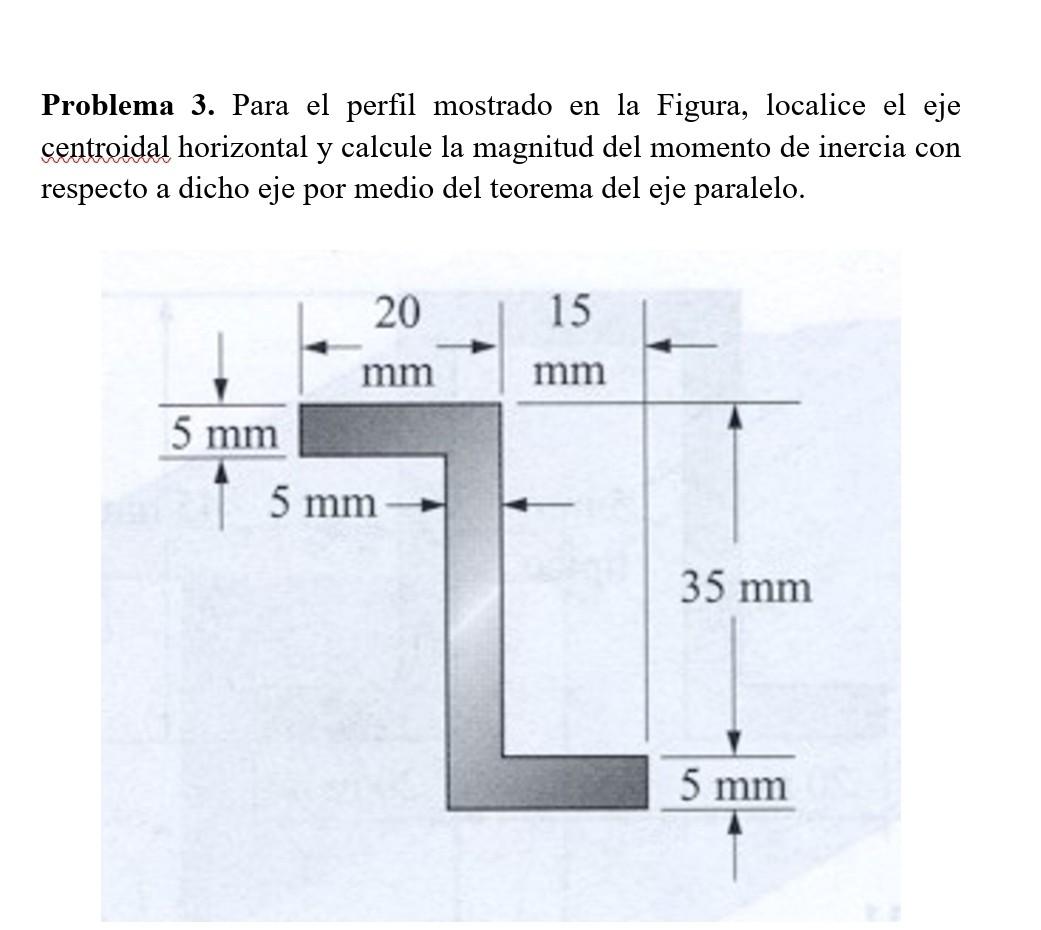 Problema 3. Para el perfil mostrado en la Figura, localice el eje centroidal horizontal y calcule la magnitud del momento de