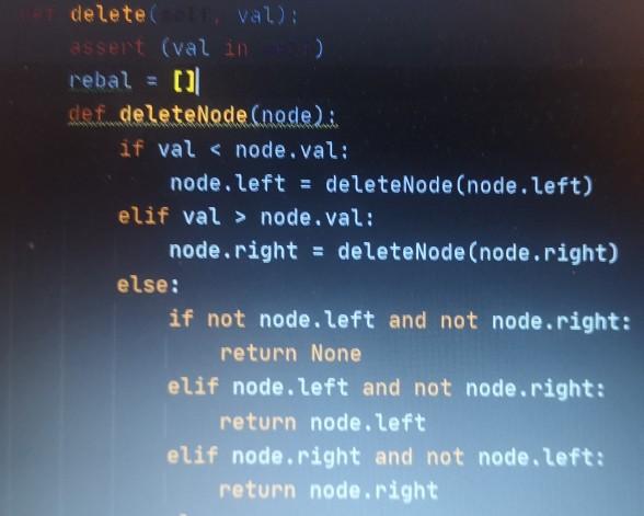 Solved delete val): assert (val in ) rebal = def deleteNode | Chegg.com