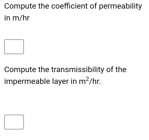 Compute the coefficient of permeability
in m/hr
Compute the transmissibility of the
impermeable layer in m²/hr.