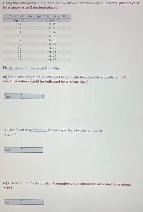 Solved Using The Data Given In The Table Below, Answer The | Chegg.com