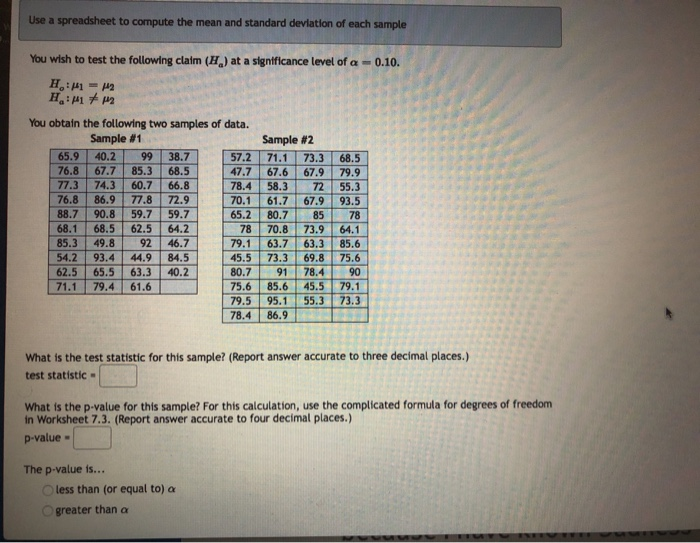 Solved Use a spreadsheet to compute the mean and standard | Chegg.com