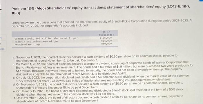 Solved Problem 18−5 (Algo) Shareholders' Equity | Chegg.com