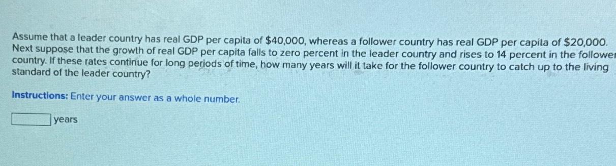 Assume That A Leader Country Has Real GDP Per Capita | Chegg.com