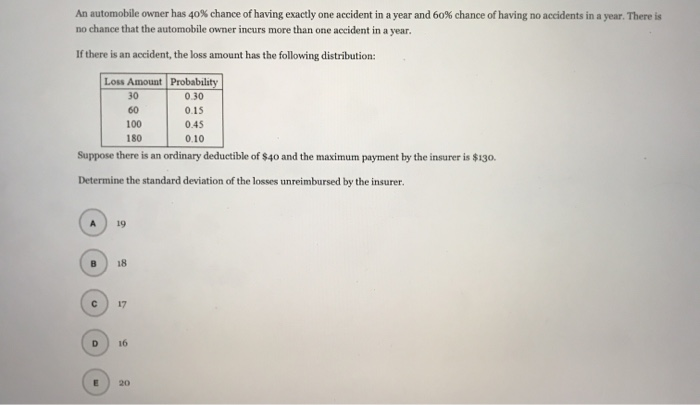 Solved An automobile owner has 40% chance of having exactly | Chegg.com