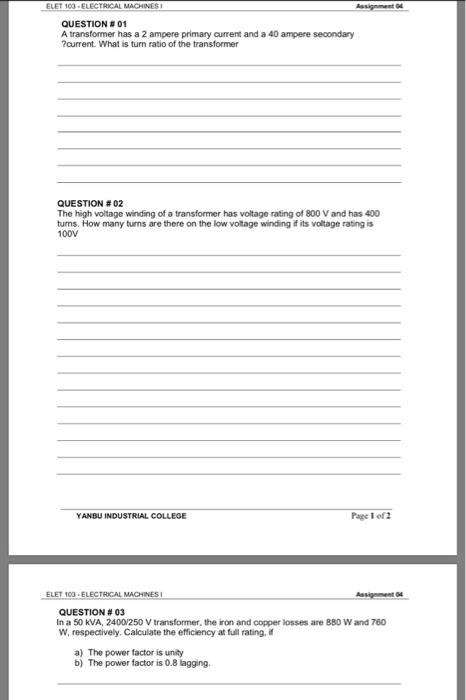 Solved ELET 103 - ELECTRICAL MACHINES! Assignment QUESTION | Chegg.com