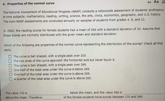 Solved 6. Properties of the normal curve Aa Aa E The | Chegg.com