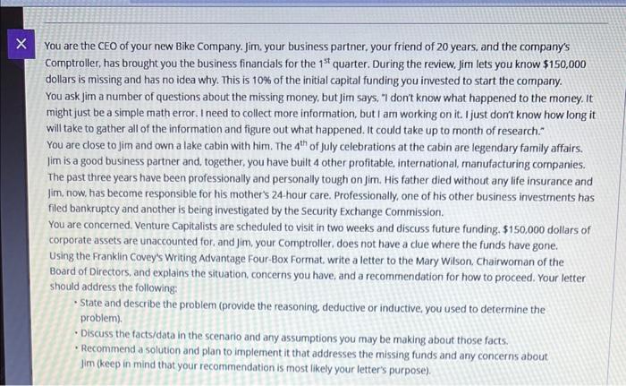 Solved You are the CEO of your new Bike Company. Jim, your | Chegg.com