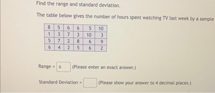 Solved Find the range and standard deviation. The table | Chegg.com