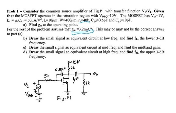Solved Prob 1 - Consider the common source amplifier of | Chegg.com