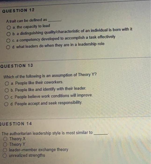 Solved QUESTION 12 A trait can be defined as O a. the | Chegg.com