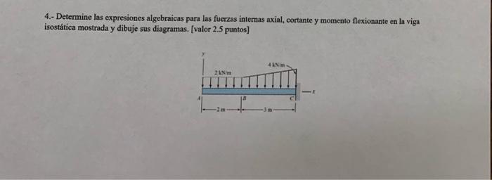 4.- Determine las expresiones algebraicas para las fuerzas internas axial, cortante y momento flexionante en la viga isostáti