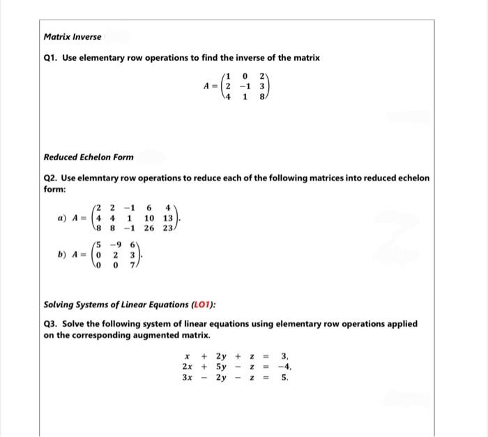 Solved Rank and Row/Column Space (2 2 1 Q4. Given A = 1 -1 3 | Chegg.com