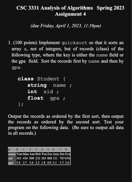 Solved CSC 3331 Analysis Of Algorithms Spring 2023 | Chegg.com