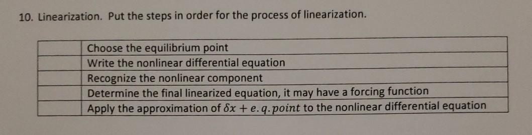 Solved 10. Linearization. Put the steps in order for the | Chegg.com