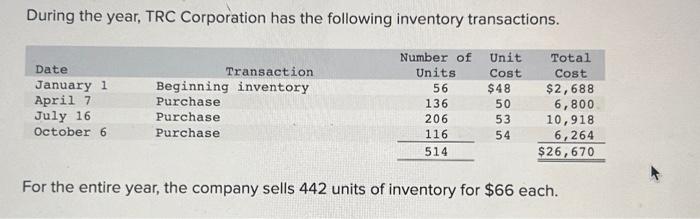 Solved During The Year, TRC Corporation Has The Following | Chegg.com