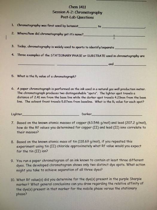 Solved Chem 1411 Session A-2: Chromatography Post-Lab | Chegg.com