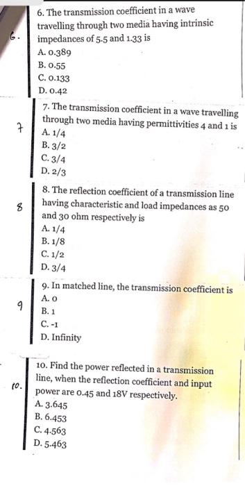 Solved 1. The reflection coefficient of a wave with | Chegg.com