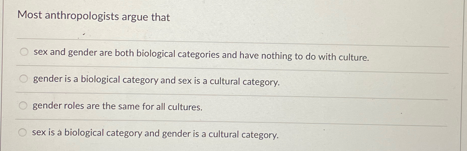 Solved Most anthropologists argue thatq,sex and gender are | Chegg.com