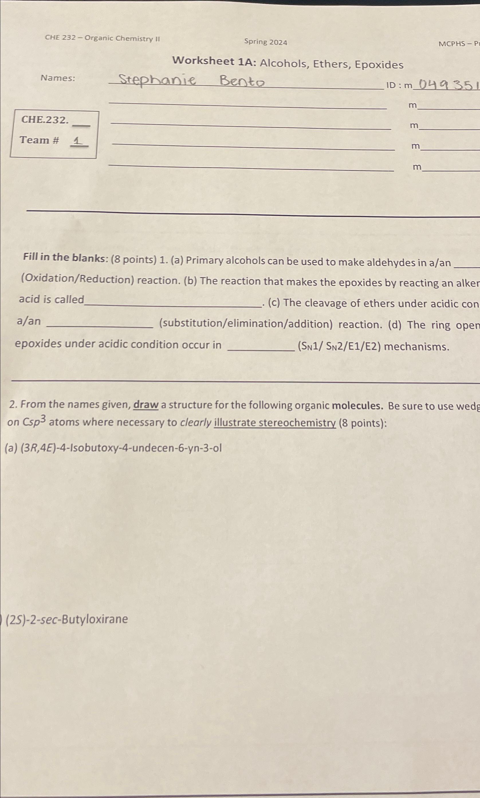 Solved CHE 232 Organic Chemistry II\\nSpring 2024\\nMCPHS