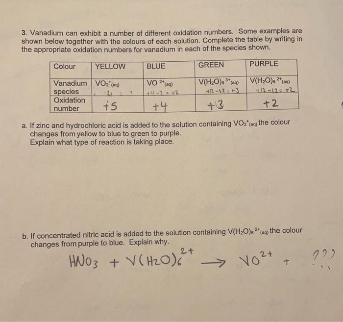 Solved 3. Vanadium can exhibit a number of different | Chegg.com