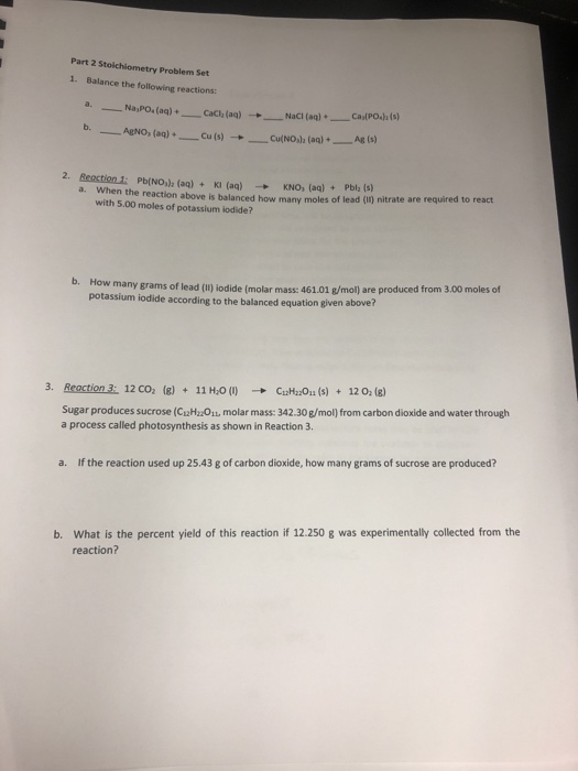 Solved Part 2 Stoichiometry Problem Set 1. Balance the | Chegg.com