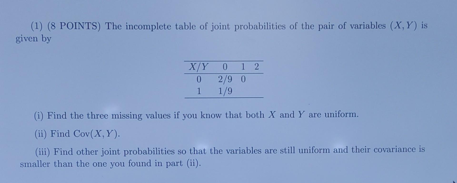 Solved (1) (8 POINTS) The incomplete table of joint | Chegg.com