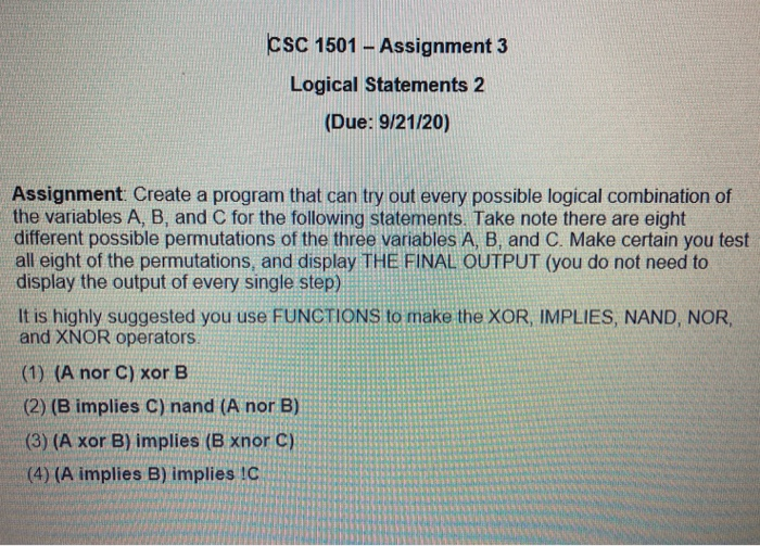 Solved CSC 1501 - Assignment 3 Logical Statements 2 (Due: | Chegg.com