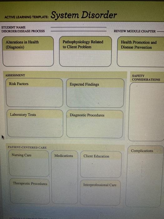 ACTIVE LEARNING TEMPLATE System Disorder STUDENT NAME DISORDER/DISEASE PROCESS REVIEW MODULE CHAPTER Alterations in Health (D