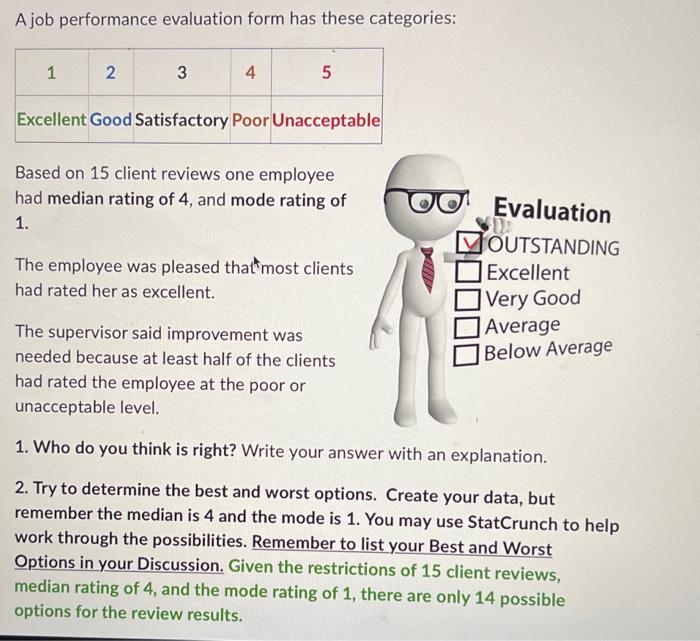 A job performance evaluation form has these categories:
Based on 15 client reviews one employee
had median rating of 4 , and 
