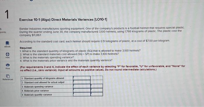 Solved Exercise 10-1 (Algo) Direct Materials Variances | Chegg.com