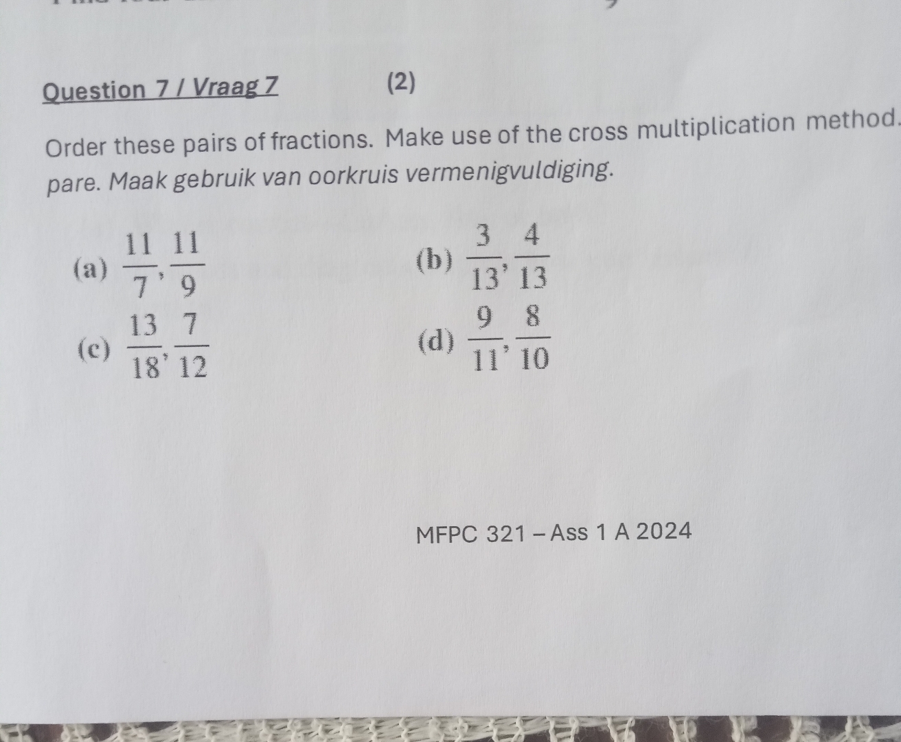 Solved Question 7 / ﻿Vraag 7(2)Order these pairs of | Chegg.com