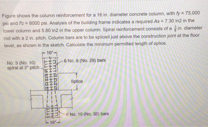 Solved Figure shows the column reinforcement for a 16 in. | Chegg.com