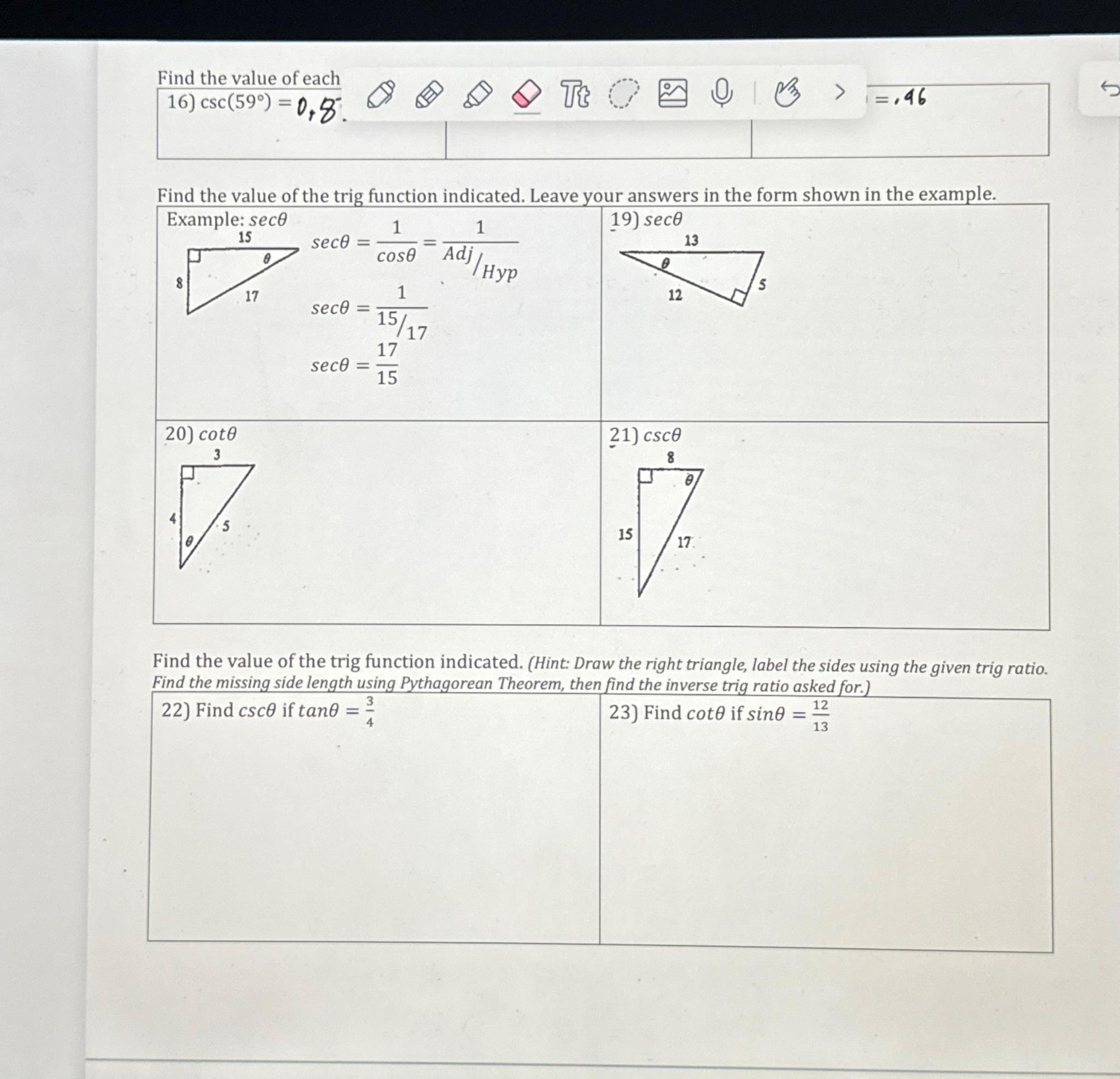 Solved Find the value of the trig function indicated. Leave | Chegg.com