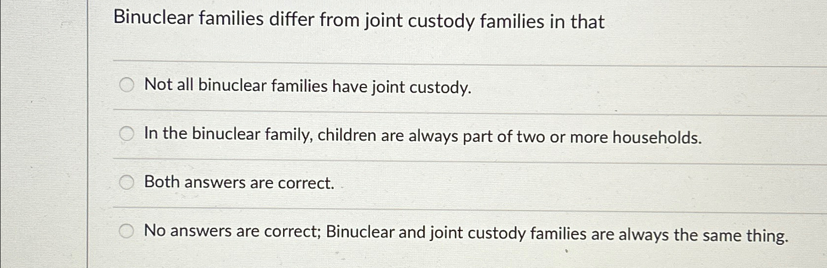 Solved Binuclear families differ from joint custody families